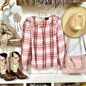 Peasant farmhouse style blush pink plaid boho blouse w prairie cabin granny vibe